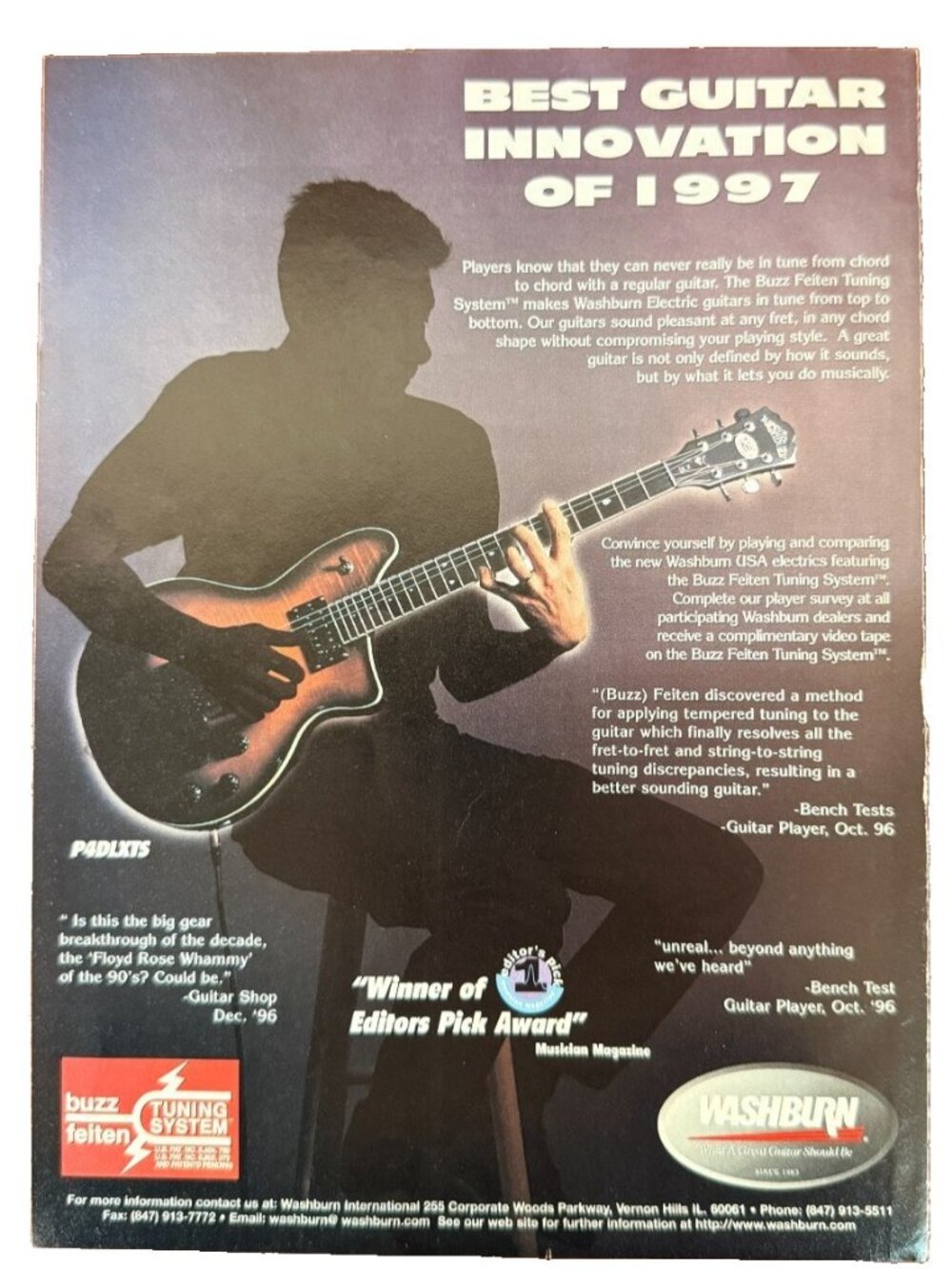 Vintage 1998 Washburn Electric Guitar Buzz Feiten Tuning Advertisement Print Ad